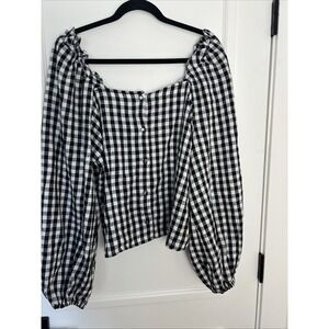 Who What Wear Gingham Balloon Sleeve Blouse L Black White Off Shoulder